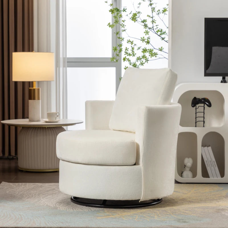 Ivory Chenille Swivel Recliner with Back Cushion, Thick Foam Padding and 360° Rotation, 83x78.5x86 cm