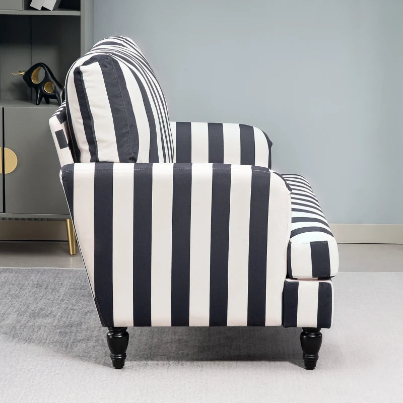 Stylish Velvet Cuddle Chair with Striped Design, Turned Legs and Spacious Seat for Living Room or Bedroom