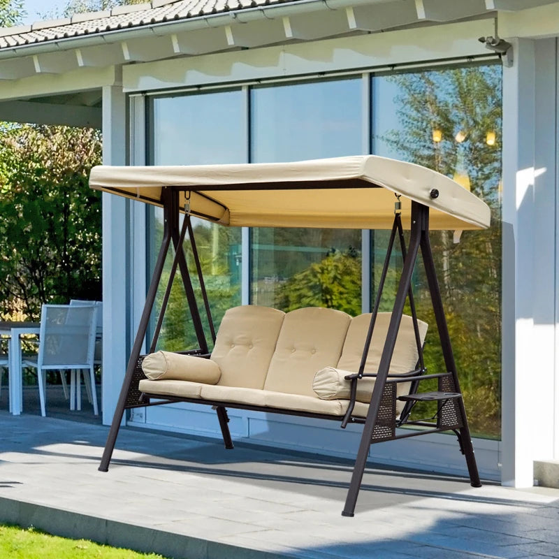 Beige 3-Seater Swing Hammock Chair with Canopy and Cushion