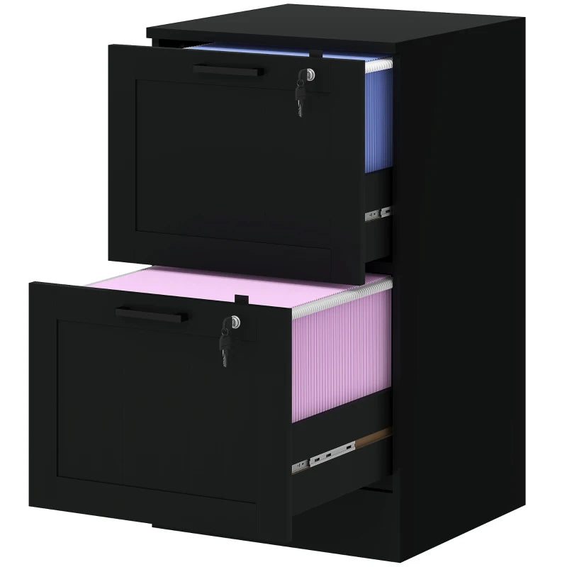 Secure 2 Drawer Filing Cabinet with Lock - Adjustable Hanging Bars for A4 Files - Stylish Black Office Storage Solution