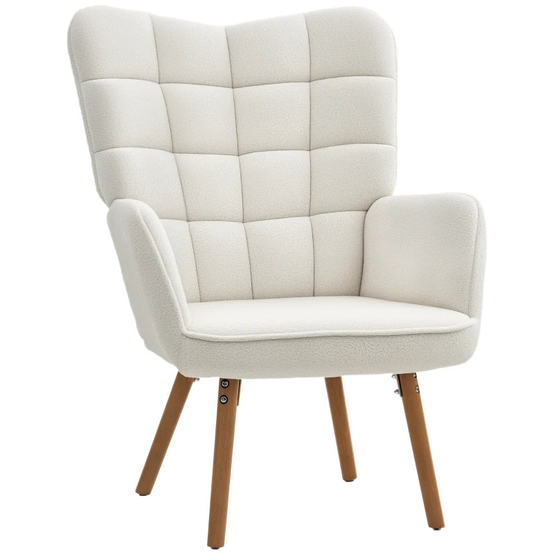 Modern Cream White Accent Chair - Upholstered Tufted Wingback Armchair with Teddy Fleece, Padded Seat & Wood Legs for Bedroom