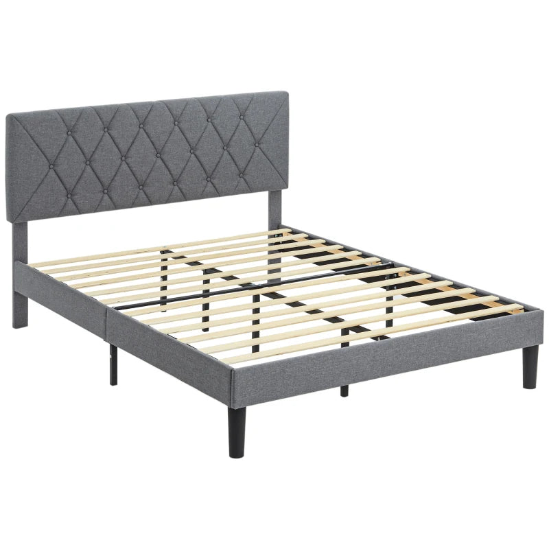 Adjustable Linen Upholstered Double Bed Frame with Stylish Headboard in Grey 145x196x120cm