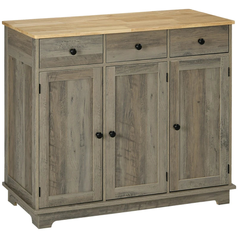 Modern Grey Wood-Effect Sideboard with Rubber Wood Top, 3 Doors, 3 Drawers & Adjustable Shelves - Stylish Storage Cabinet for Dining & Living Room