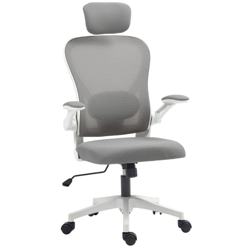 Ergonomic Executive Office Chair - High Back Mesh Desk Chair with Flip-Up Armrests, Rotatable Headrest & Adjustable Lumbar Support - Grey