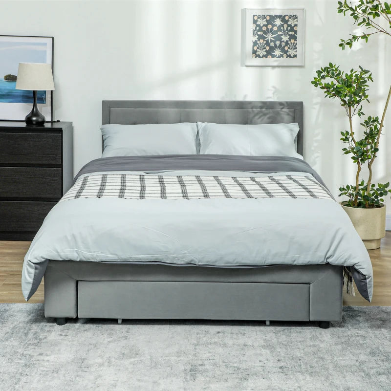 Double Size Ottoman Bed Frame with Front Drawer Stylish Grey Design 140x193.5x95cm