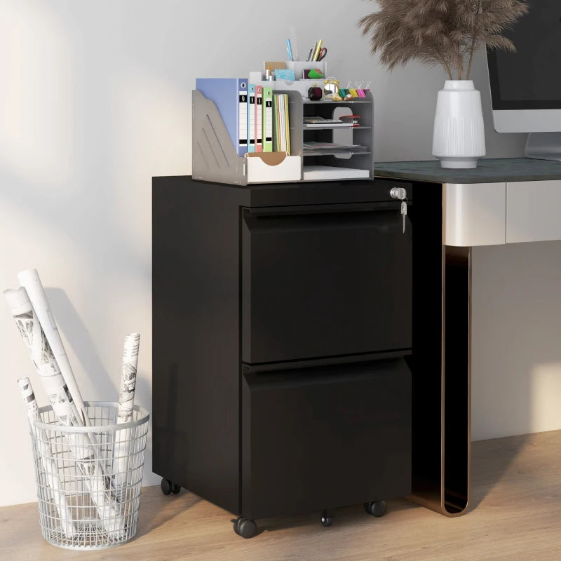 Vinsetto 2-Drawer Mobile Filing Cabinet - Lockable Steel File Storage for Letter, A4 & Legal Size - Pre-Assembled, Black