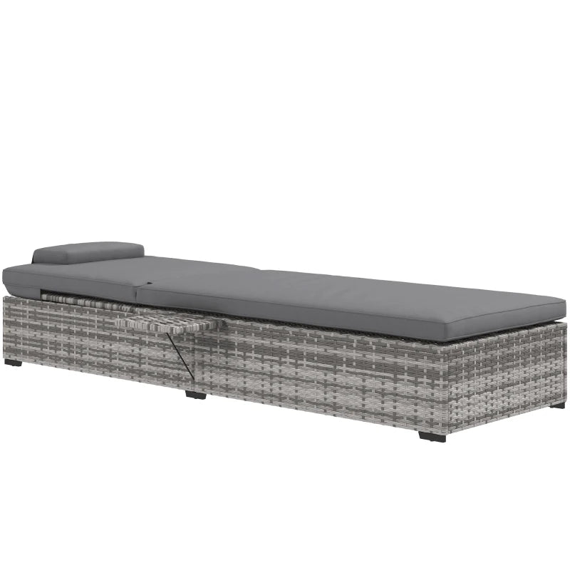 Grey Rattan Sun Lounger with Cushion & Tea Tray - 5-Level Reclining Outdoor Patio Furniture