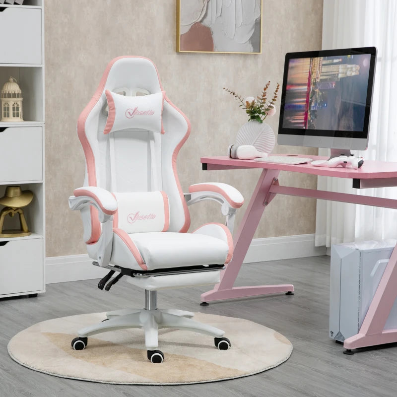 Vinsetto White & Pink Gaming Chair with Footrest, 135° Recline, Lumbar Support, Swivel Wheels - PU Leather Office Desk Chair