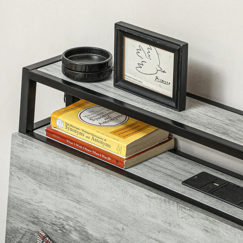 Modern Grey Single Steel Bed Frame with LED Lights & Headboard Shelf - Stylish & Functional Bedroom Furniture