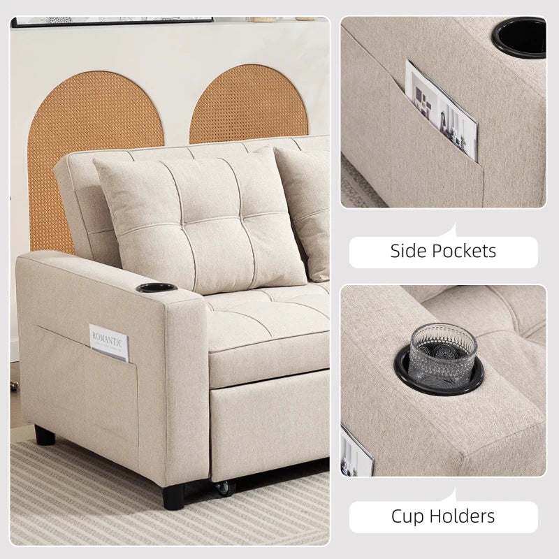 Beige Two-Seater Pull-Out Sofa Bed for Small Spaces