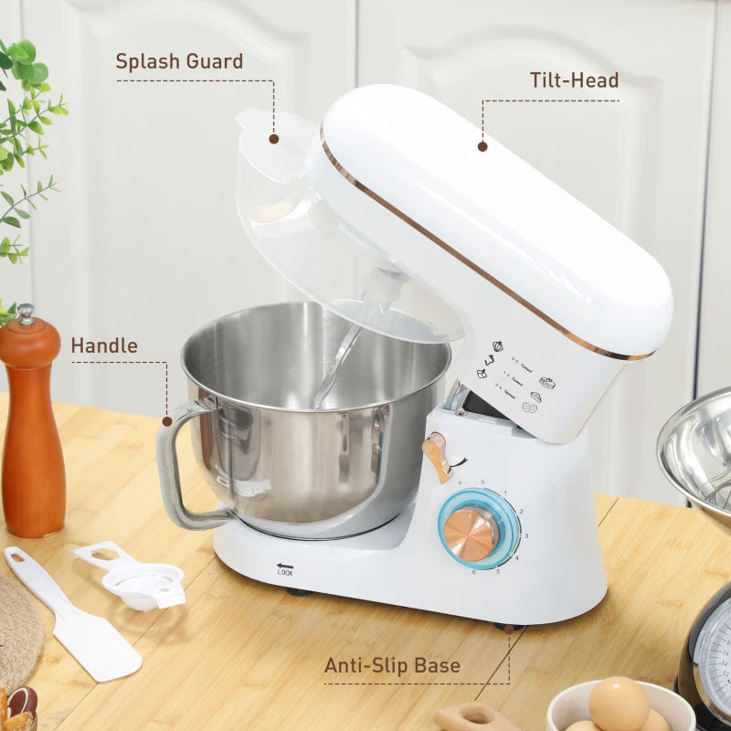 5L Stand Mixer for Baking - 1400W Electric Kitchen Mixer with 6 Speeds, Dough Hook, Whisk & Stainless Steel Bowl - White