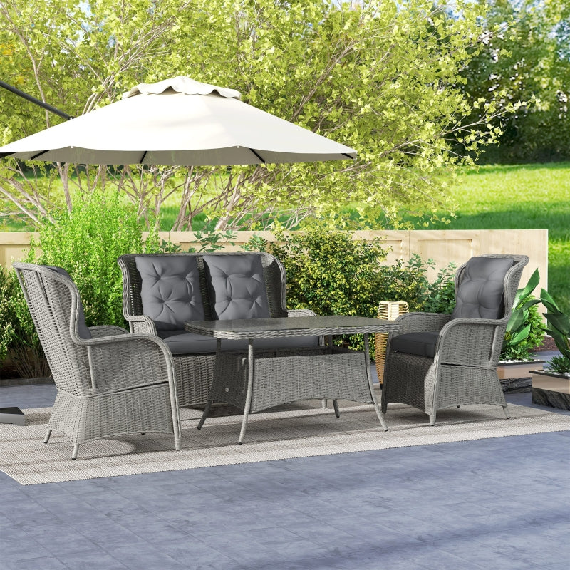 4 Seater Light Grey PE Rattan Outdoor Dining Sofa Set with High Back Chairs and Cushions, Tempered Glass Coffee Table for Patio