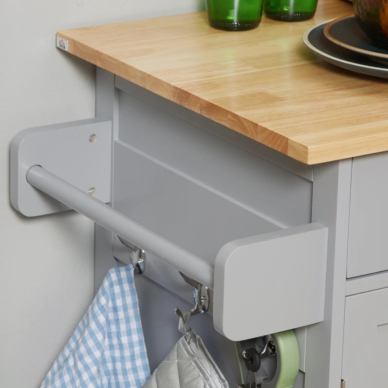 Rolling Kitchen Island on Wheels - Utility Serving Cart with Rubber Wood Top, Towel Rack, Hooks & Storage Drawers in Grey