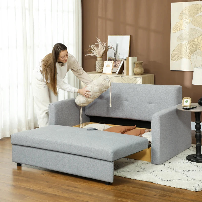 Modern 2 Seater Sofa Bed with Hidden Storage, Linen Loveseat Couch and Cushions for Living Room, Light Grey