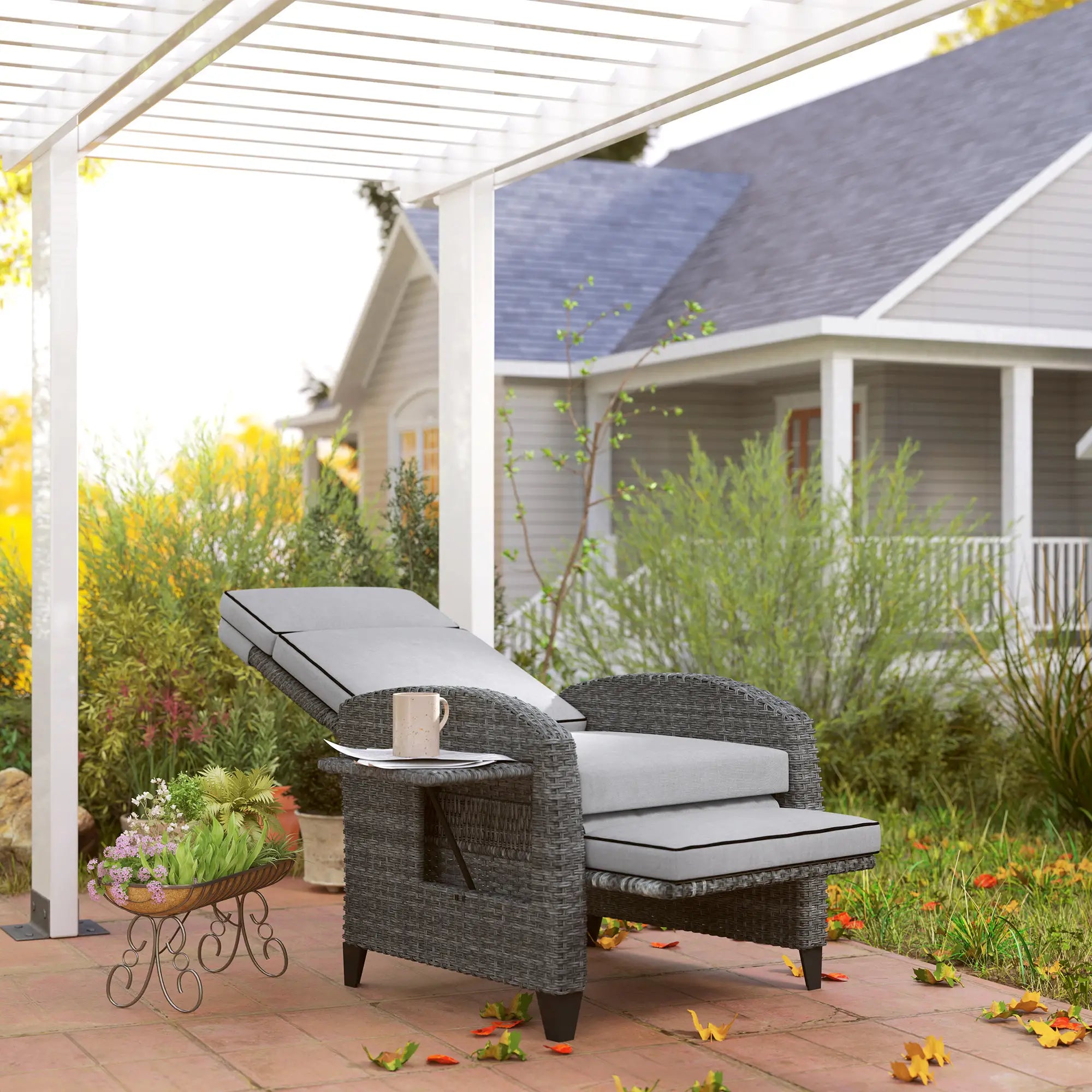 Grey Rattan Recliner Chair with Adjustable Backrest and Footrest, Cushions, Side Tray