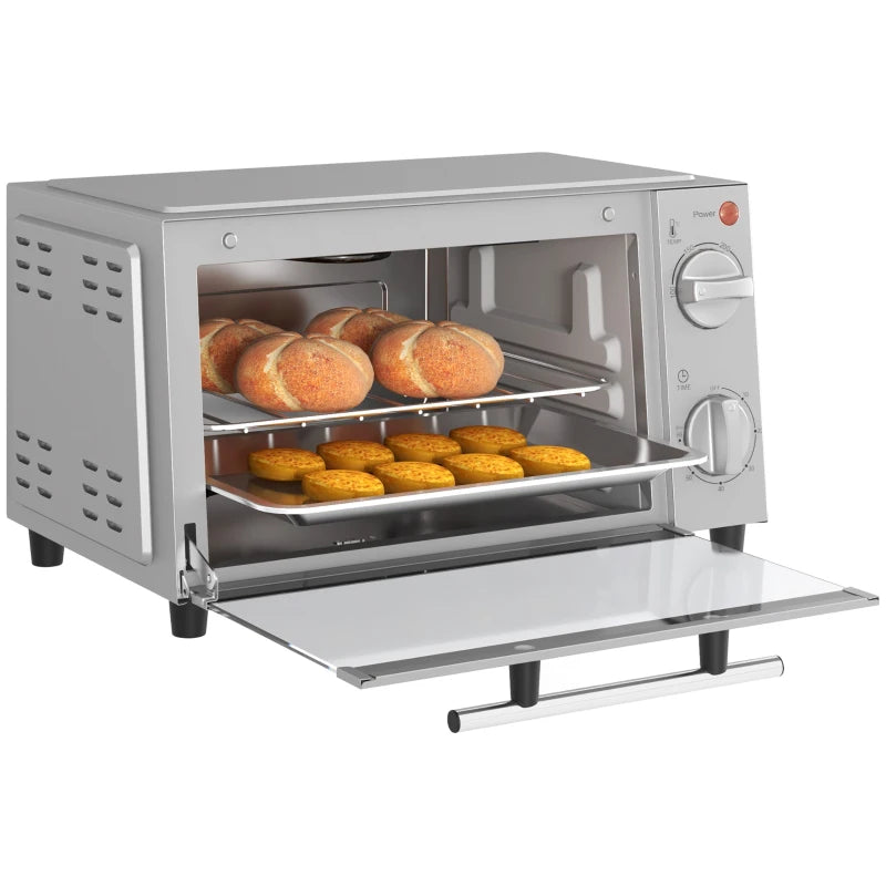 Compact 9L Mini Oven & Electric Grill - Adjustable Temp, Timer, Dishwasher Safe Tray, 750W, Silver Countertop Toaster Oven