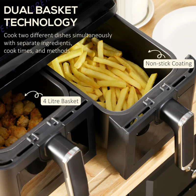 8L Dual Basket Air Fryer - 8-in-1 Digital Oven, 2500W, Timer, Preheat, Oil-Free Cooking, Silver Finish