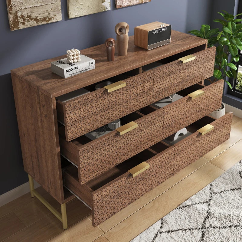Embossed Wood Chest of Drawers - 6-Drawer Sideboard, Anti-Tip Design, Walnut Finish, 120x40x75 cm for Living Room