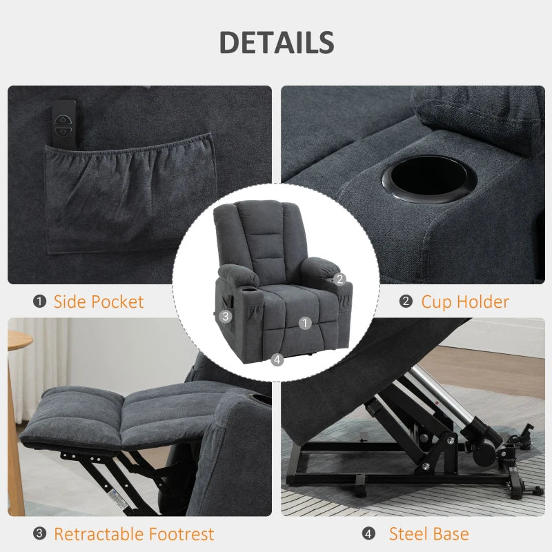 Oversized Riser Recliner Chair for Elderly - Fabric Lift Chair with Remote, Side Pockets, Cup Holder in Charcoal Grey