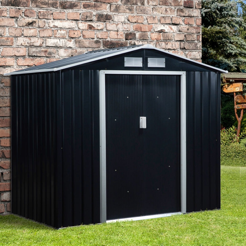 Black 7ft x 4ft Metal Shed With Ventilation Slots, Foundation Kit and Lockable Double Doors