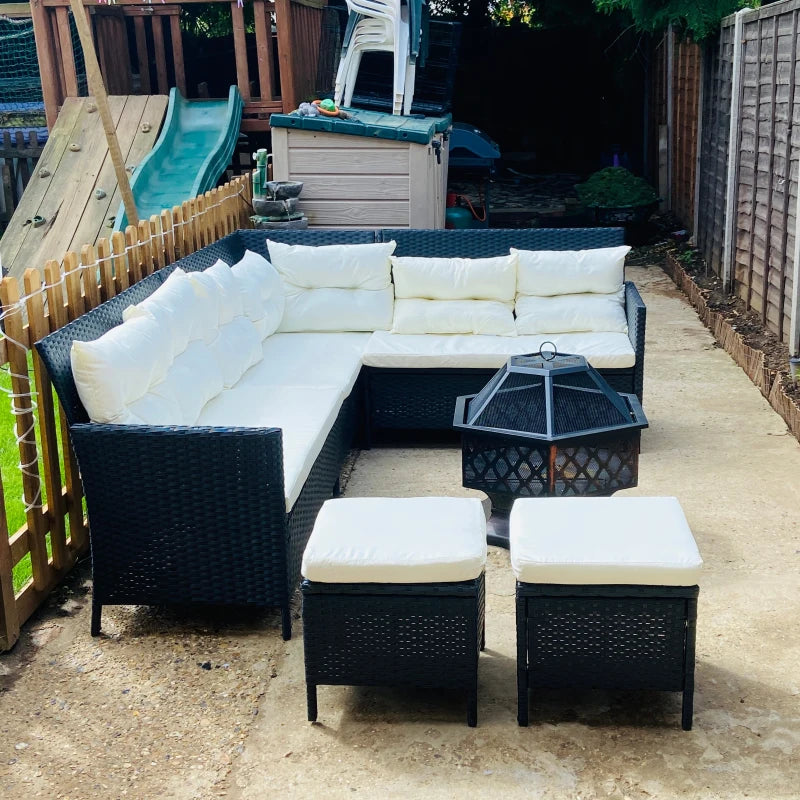 Black 8-Seater Rattan Wicker Corner Sofa Set With Table