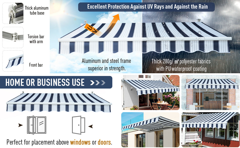 Blue & White Striped Manual Retractable Awning - 3m x 2.5m
