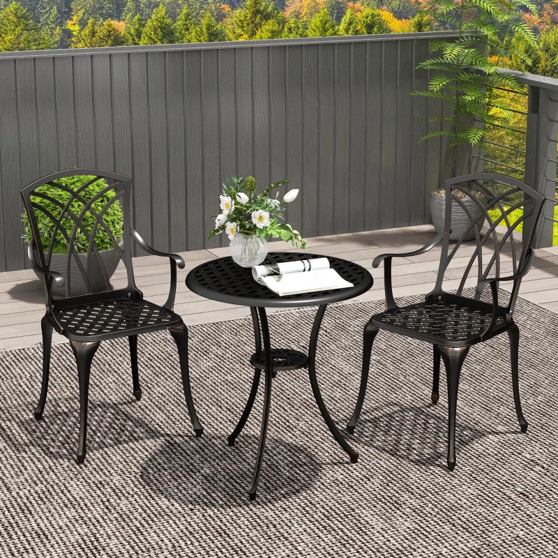3 Pieces Bronze Tone Garden Dining Set for 2 - Cast Aluminium Outdoor Dining Set with 2 Armchairs and Round Table with Parasol Hole