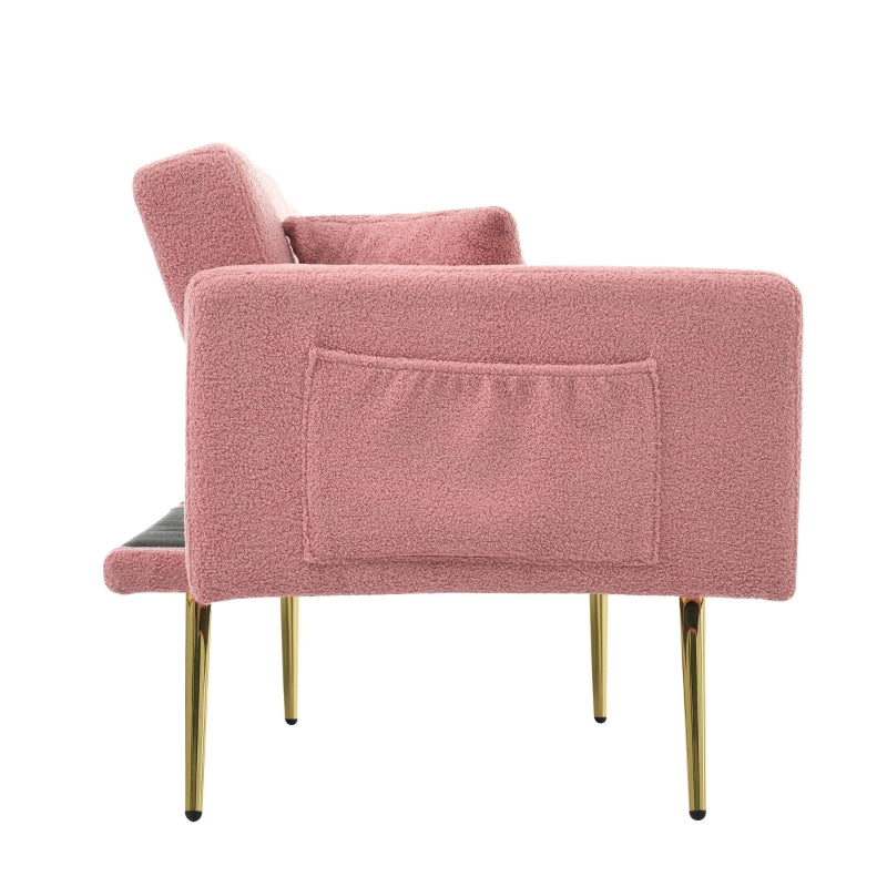 Adjustable Backrest Sofa Bed with Gold Legs and Side Pockets, Sherpa Fabric, Pink, 176L x 64W x 75H cm