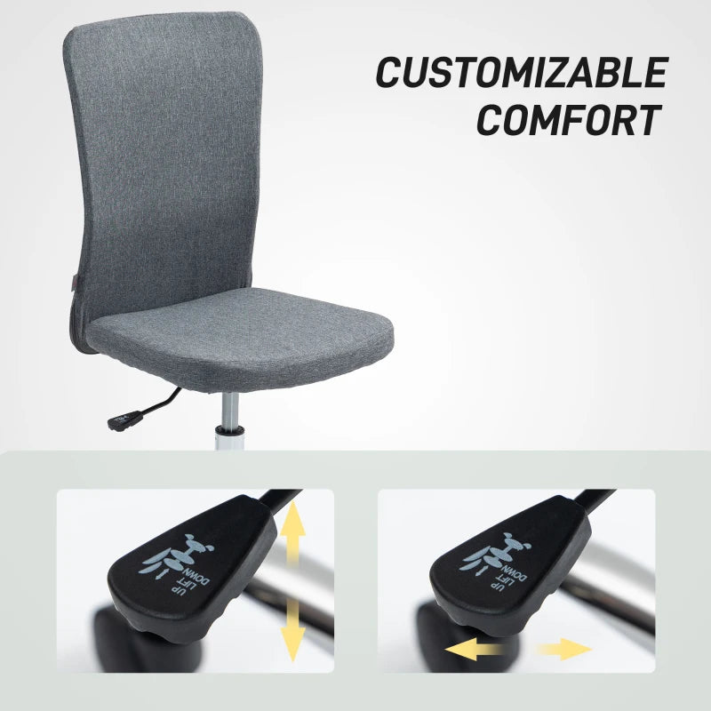 Armless Grey Fabric Swivel Office Chair - Height Adjustable Makeup Vanity Chair with Wheels for Home Study & Bedroom