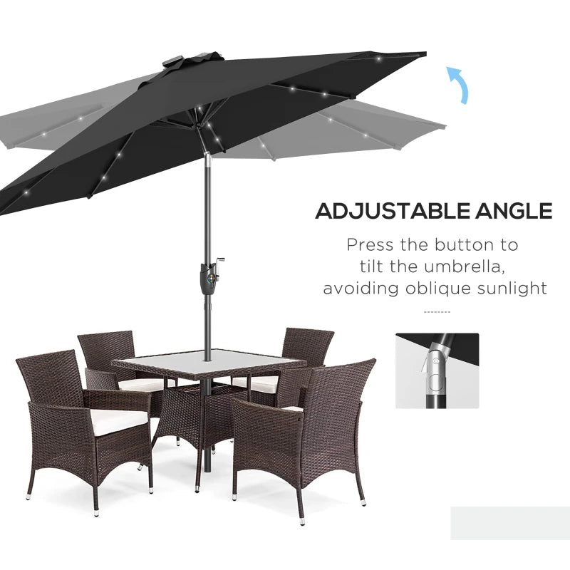 Black Solar LED Garden Parasol with Tilt Function - 2.7m