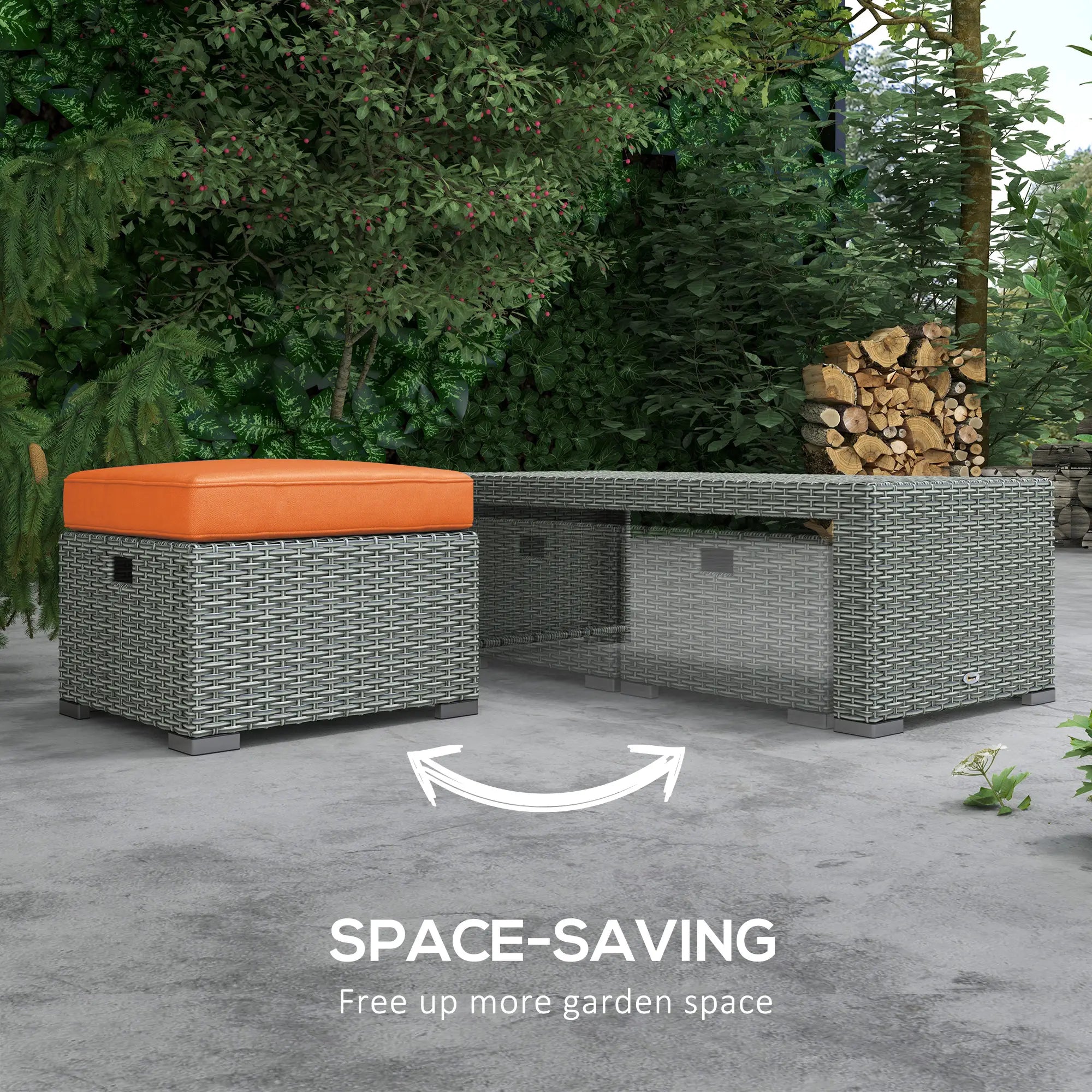 3-Seater Orange Cushioned Rattan Sofa With 2 Armchairs and 2 Footstools + Coffee Table