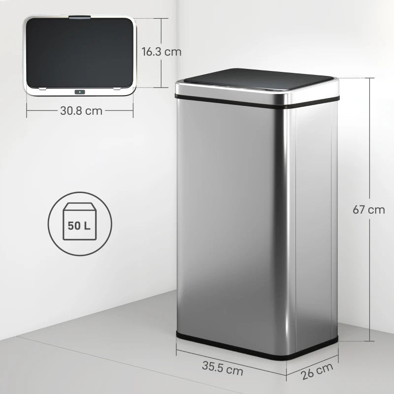 50L Touchless Sensor Bin with Soft-Close Lid - Fingerprint Resistant Stainless Steel Trash Can for Home, Office & Gym - Silver