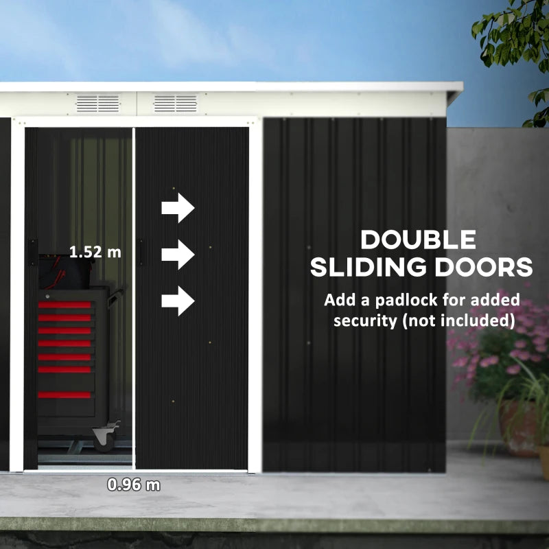 Black 9ft x 4ft Metal Garden Storage Shed With Foundation Kit, Ventilation and Double Doors