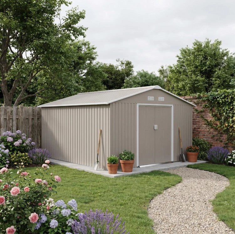 13ft x 11ft Light Grey Metal Shed With Foundation Kit Ventilation & Doors