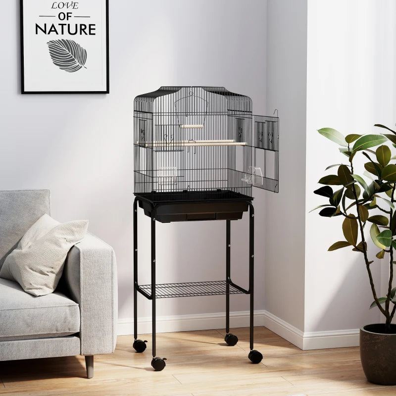 Bird Cage for Budgies Finches and Parakeets with Stand Wheels and Slide-out Tray Storage Shelf Black