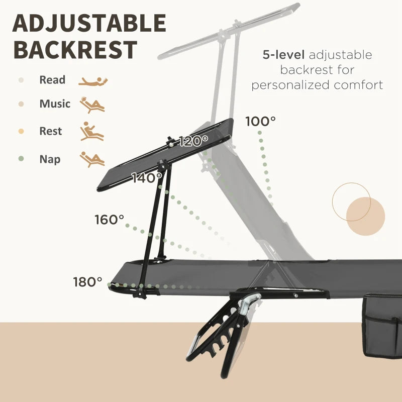 2 Piece Dark Grey Folding Sun Loungers with Canopy - Adjustable Recliner Garden Chairs with Side Pocket, Steel Frame and Breathable Mesh for Outdoor, Pool, Beach, Garden