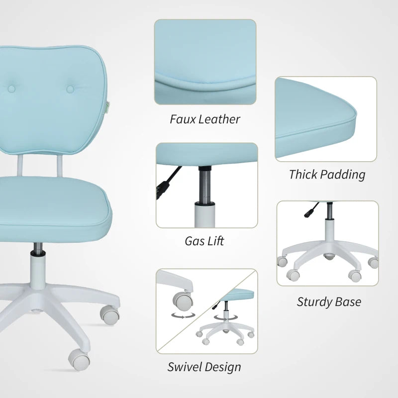 Vinsetto Blue PU Leather Vanity Office Chair - Adjustable Height, Armless Design, Swivel Wheels for Home & Office