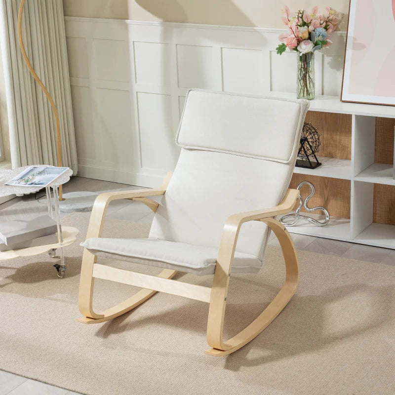 Comfortable Upholstered Rocking Chair with High Back and Headrest for Living Room and Bedroom in Cream White