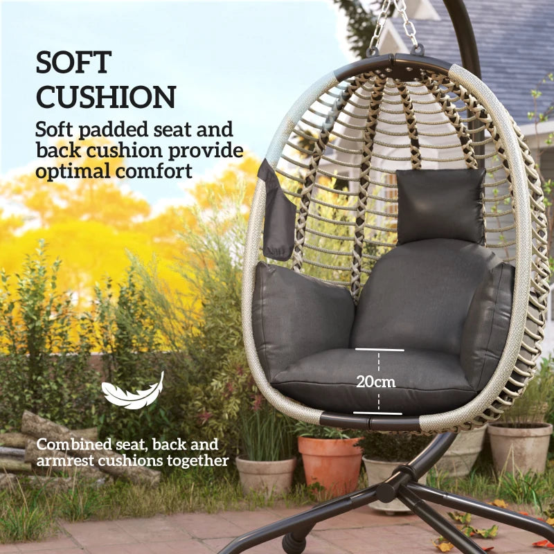 Outdoor Swing Chair - Dark Grey, Thick Padded Cushion, Foldable Metal Stand, Cup Holder, Indoor & Outdoor Use