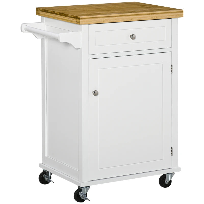 Stylish White Wooden Kitchen Cart Storage Trolley with Drawer, Cupboard & Towel Rail - Perfect for Organizing Your Kitchen