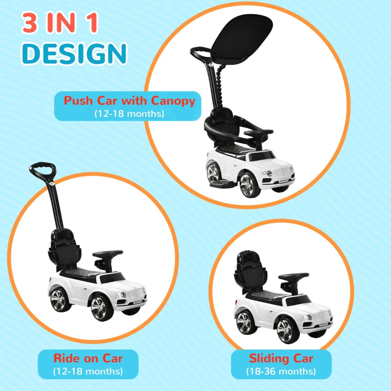 Licensed Bentley Bentayga 3-in-1 Baby Push Ride On Car with Canopy and Music White