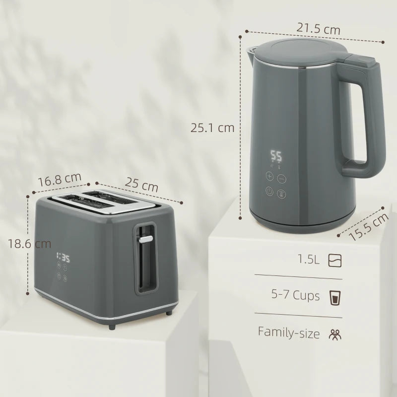 Digital Stainless Steel Kettle & Toaster Set - 1.5L Fast Boil 3000W Kettle, 2 Slice Toaster with 7 Browning Levels, Grey