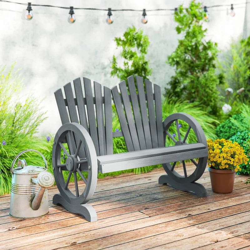 Grey Fir Wood Love Seat with Wheel-Shaped Armrests