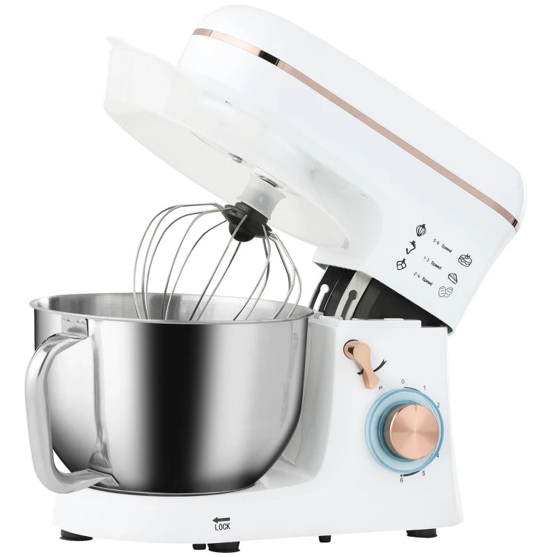 5L Stand Mixer for Baking - 1400W Electric Kitchen Mixer with 6 Speeds, Dough Hook, Whisk & Stainless Steel Bowl - White