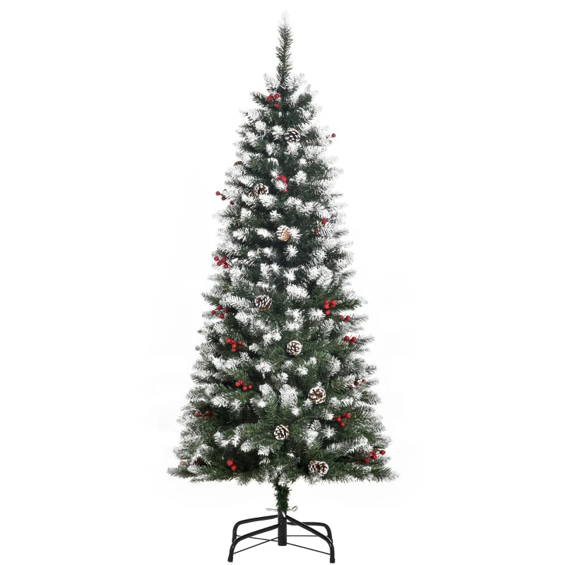 5FT Artificial Christmas Pencil Tree with Red Berries & Pinecones - Foldable Indoor Holiday Decoration, Green Xmas Tree