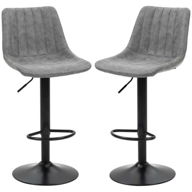 Adjustable Height Breakfast Bar Stools Set of 2 - Grey Leather Upholstery, 59-80cm Gas Lift Design
