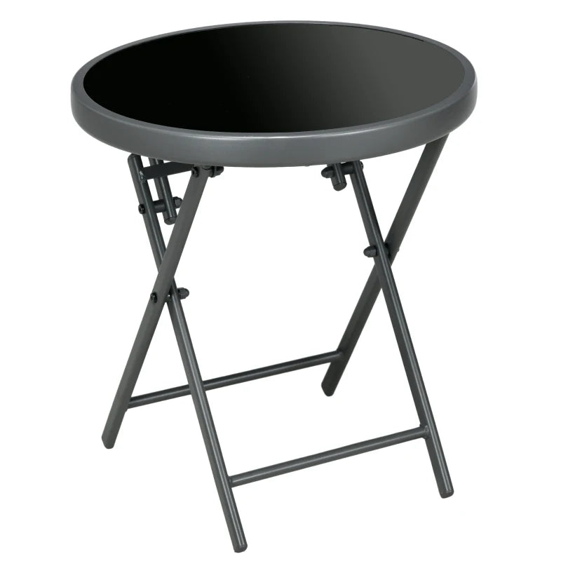 45cm Round Folding Garden Side Table - Outdoor Patio Coffee Table with Imitation Marble Glass Top - Black