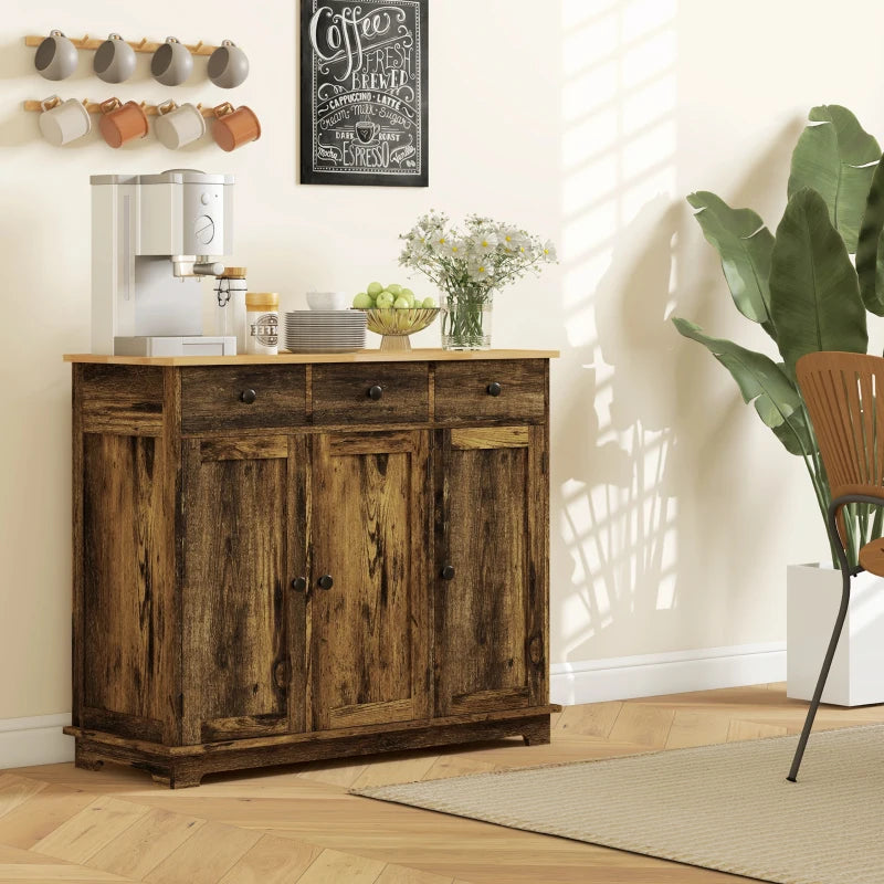 Rustic Brown Sideboard with Rubberwood Top & Adjustable Shelves - Perfect for Dining Room & Kitchen Storage