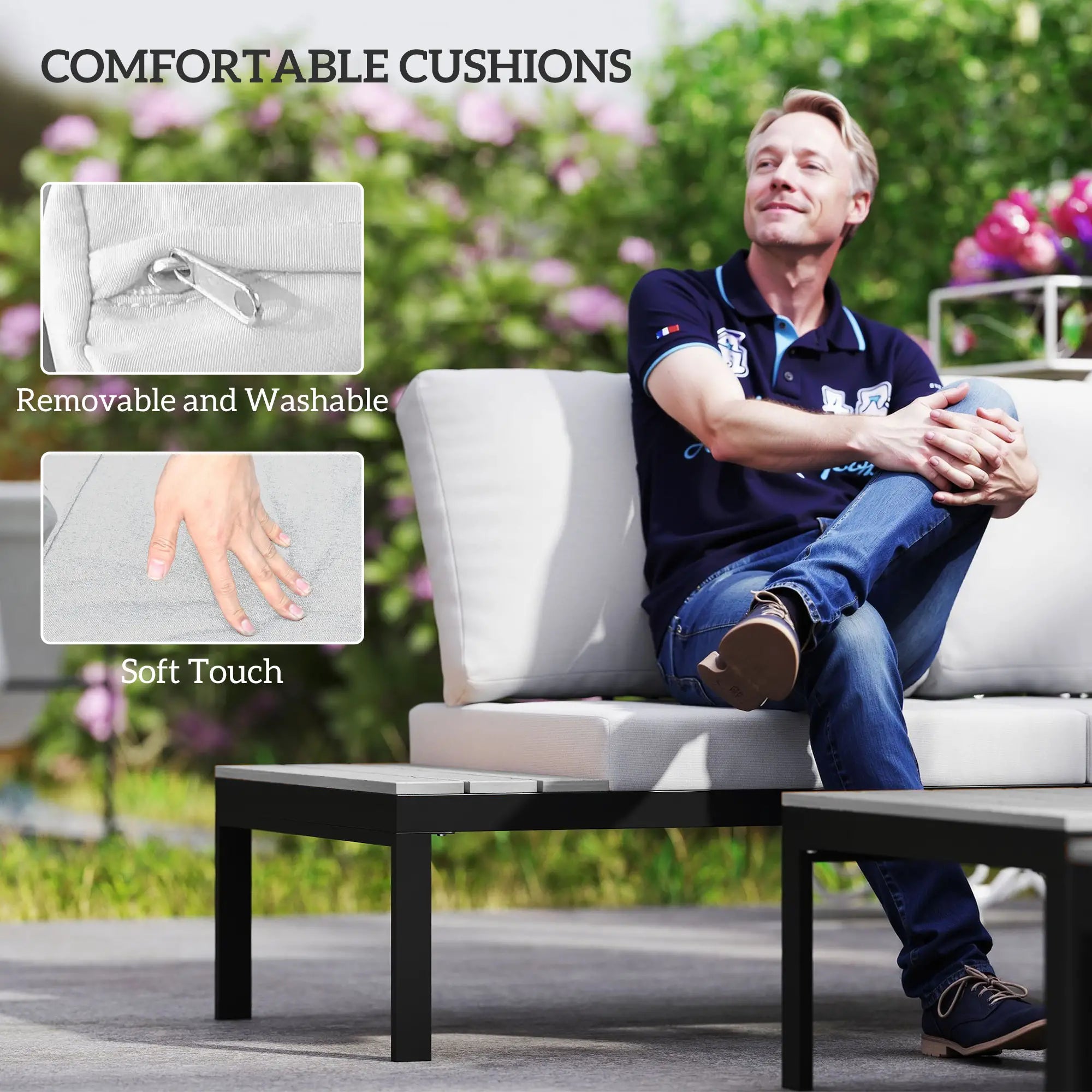 Grey Four-Piece Garden Corner Sofa Set with 2 Loveseats and 2 Coffee Tables