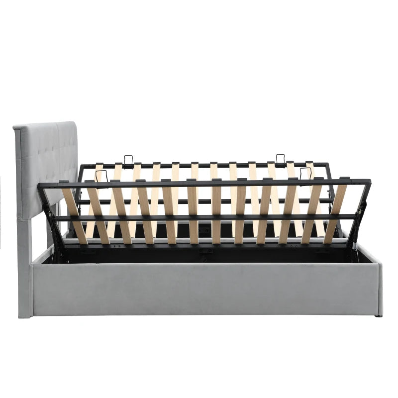 Velvet Upholstered Double Bed with Hydraulic Lift Storage Iron Frame Grey 197x181x105 cm